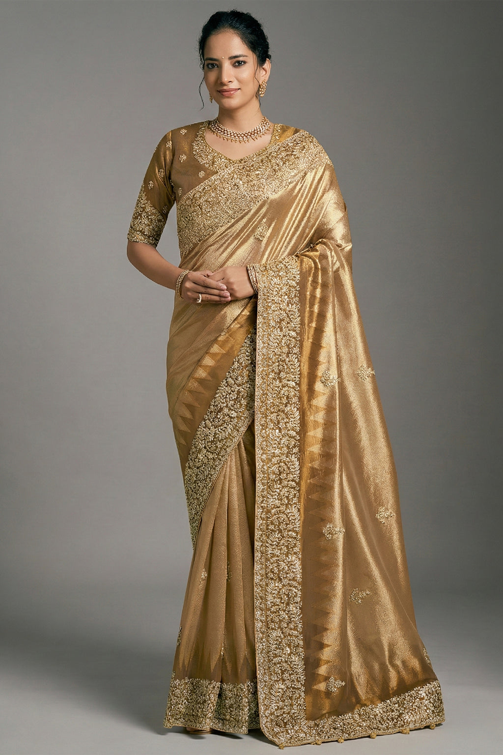 Light Golden Silk Saree with Embroidery - gold silk saree embroidery