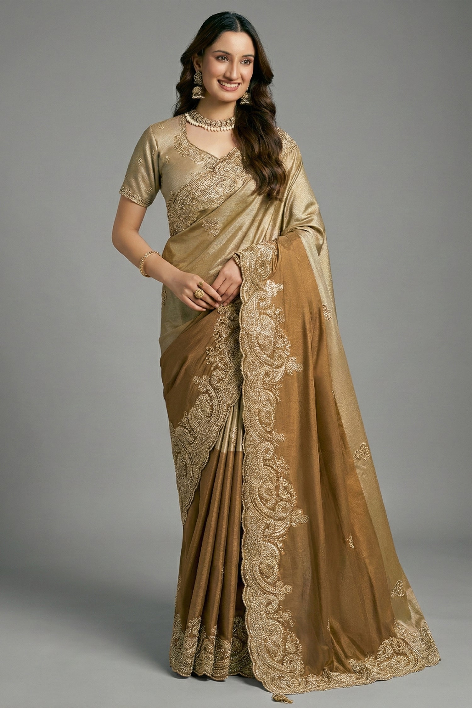 Metalic Golden Silk Saree with Embroidery - gold silk saree embroidery Main image