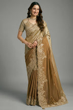 Metalic Golden Silk Saree with Embroidery - gold silk saree embroidery