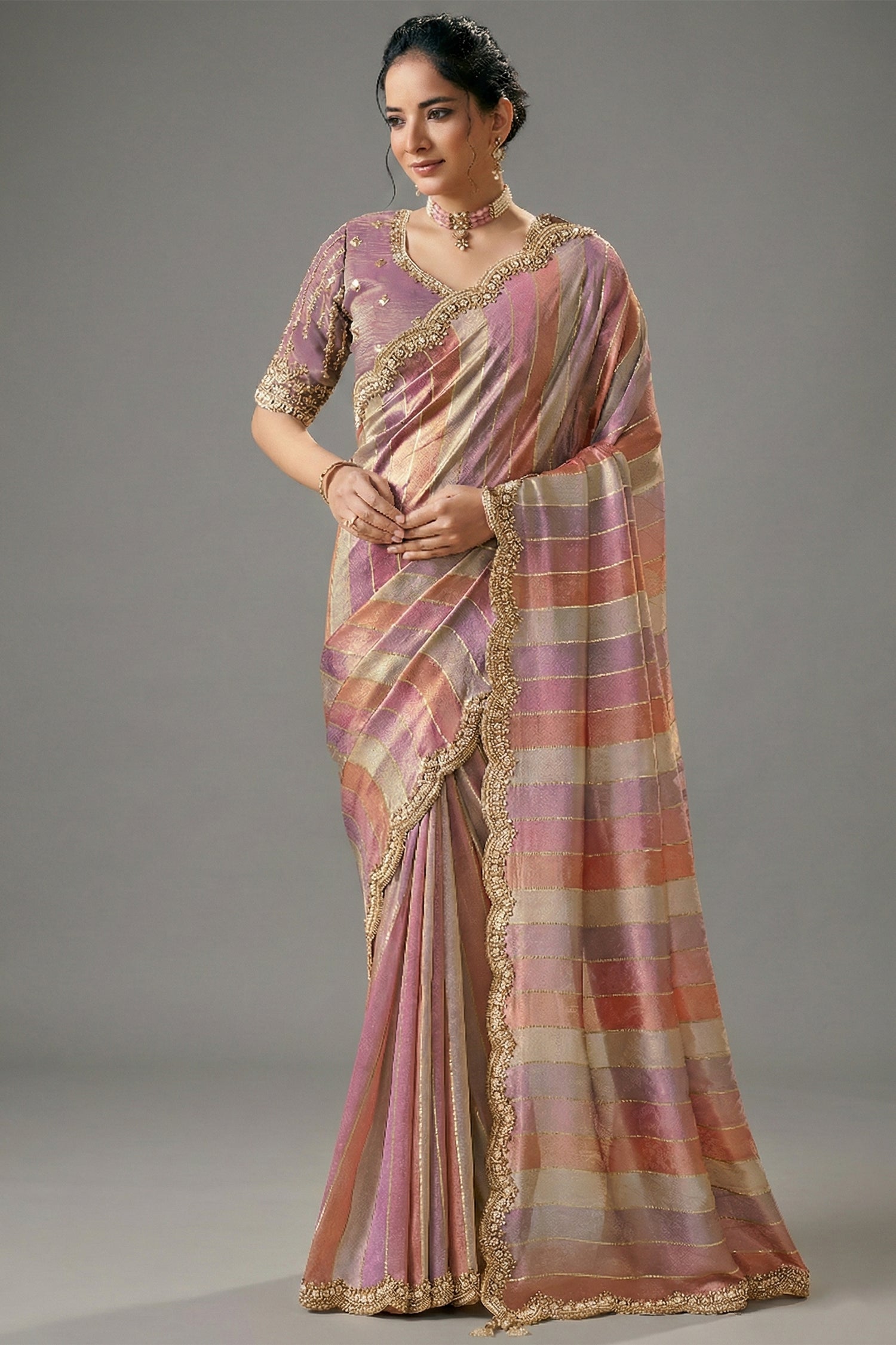 Pink and Multi Colored Tissue Saree with Embroidery - red saree embroidery Main image