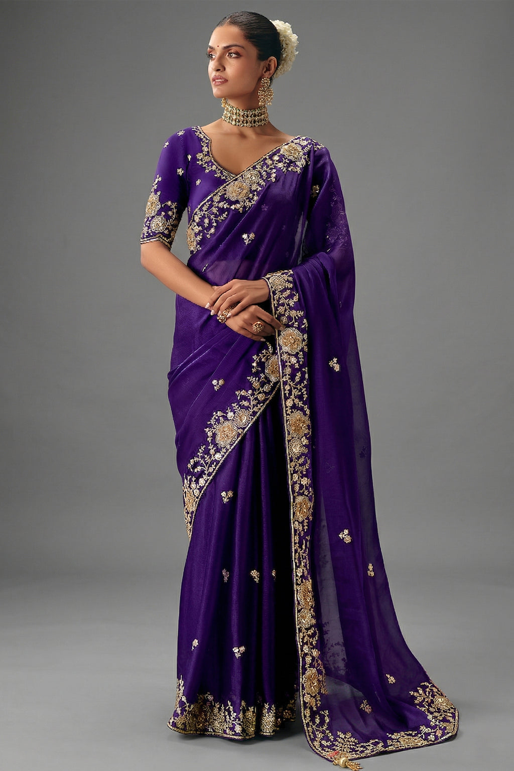 Royal Purple Viscose Chiffon Saree With All Over Embroidery In Zari And Sequins - purple chiffon saree embroidery