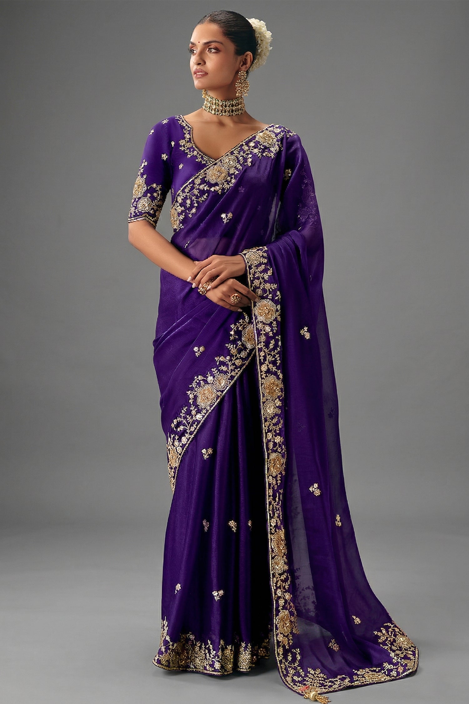 Royal Purple Viscose Chiffon Saree With All Over Embroidery In Zari And Sequins - purple chiffon saree embroidery