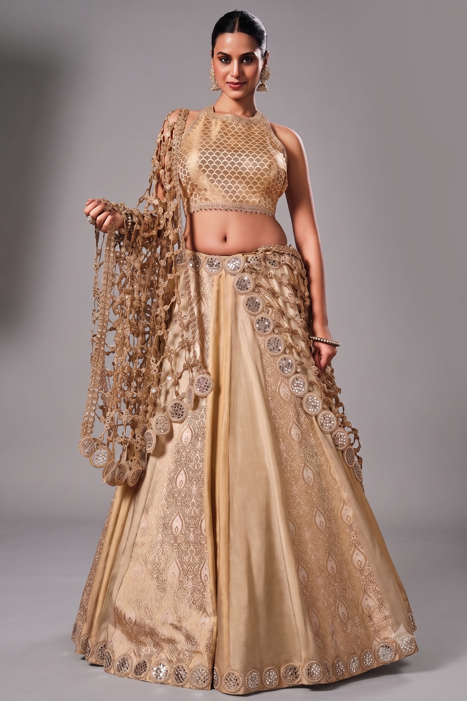 Ivory Tissue Silk and Banarasi Brocade Lehenga Choli with Jaal Dupatta Main image