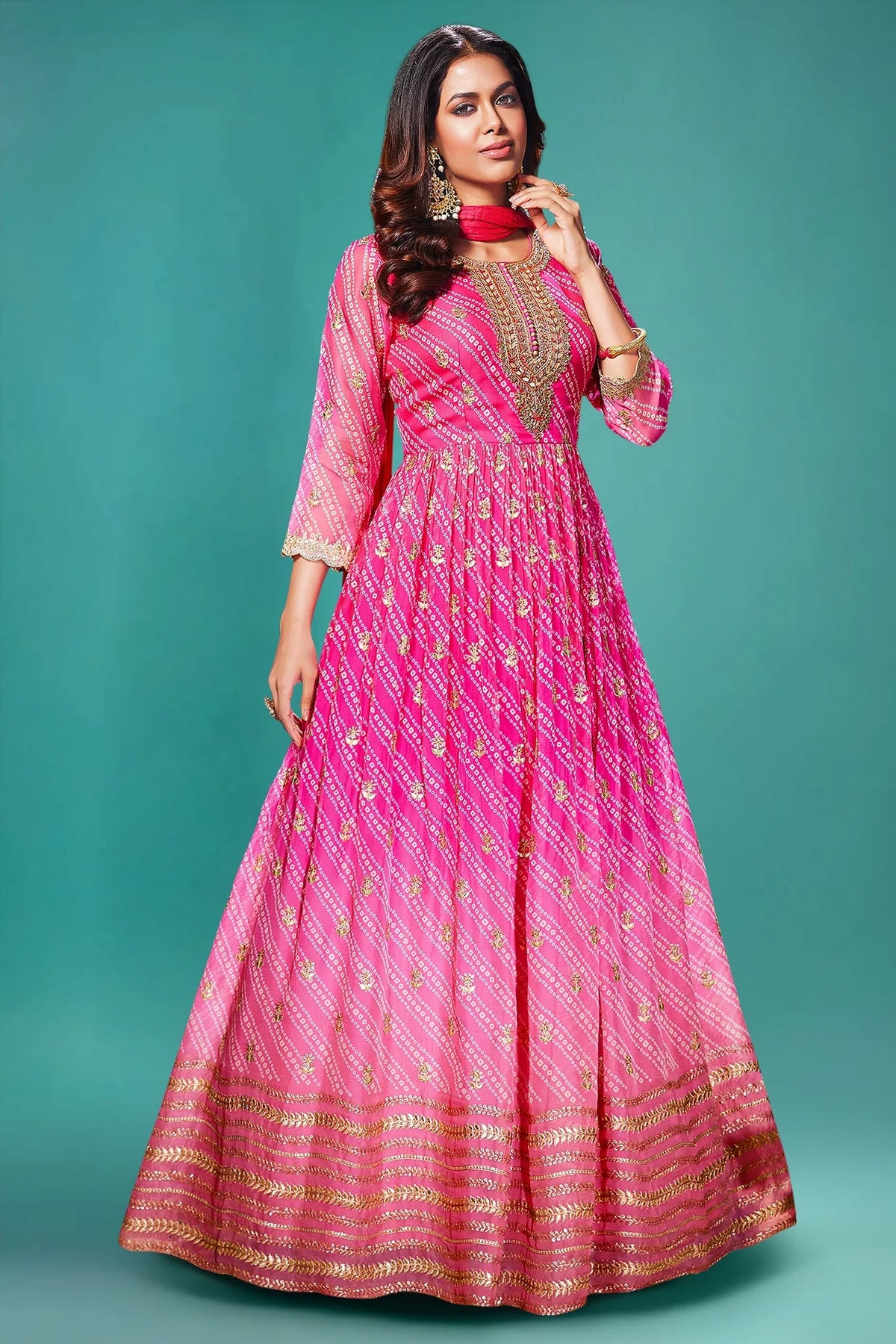 Creamy Pink Anarkali Suit in Organza Georgette with Bandhej Design and Embellished Handwork Neckline