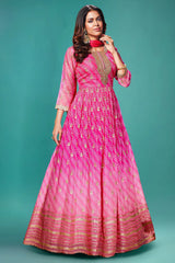 Creamy Pink Anarkali Suit in Organza Georgette with Bandhej Design and Embellished Handwork Neckline