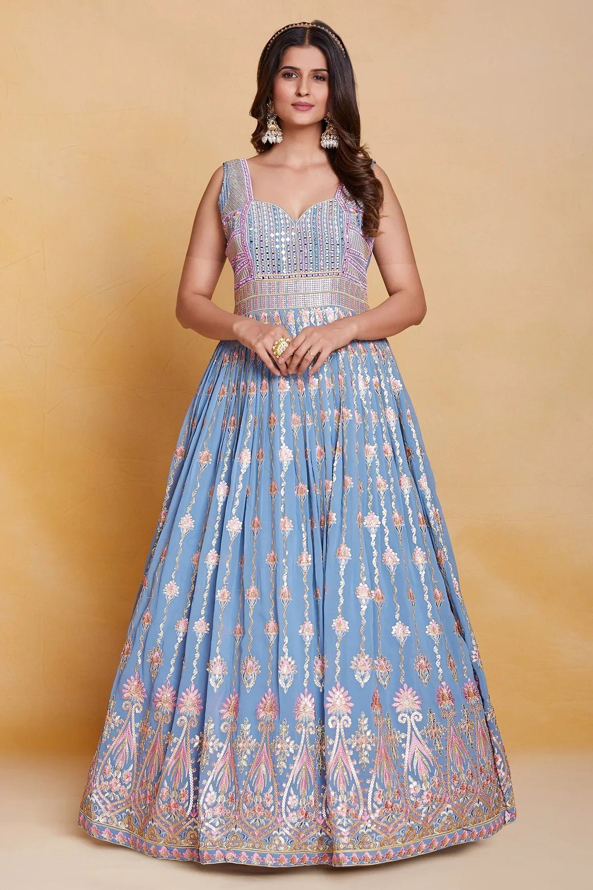 Pleated Sequin Embroidery Anarkali Suit in Georgette - georgette saree embroidery