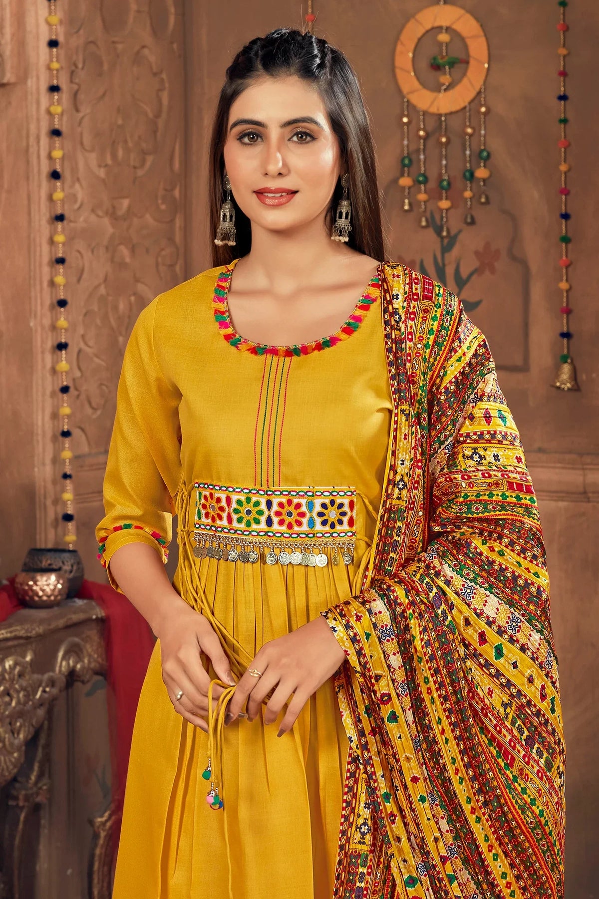 Mustard Cotton Suit with Kachchi Mirror Work - mustard cotton saree