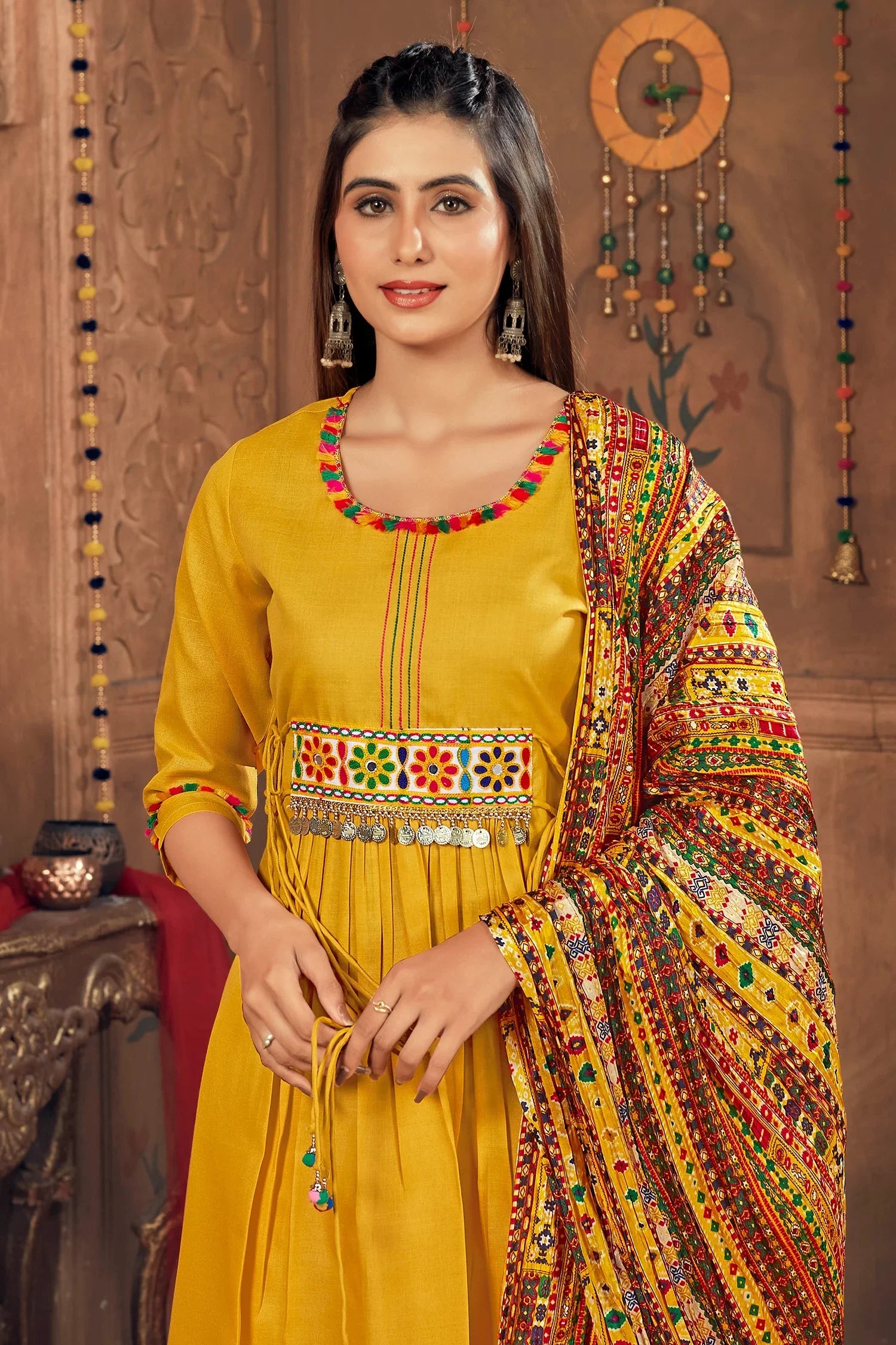 Mustard Cotton Suit with Kachchi Mirror Work - mustard cotton saree