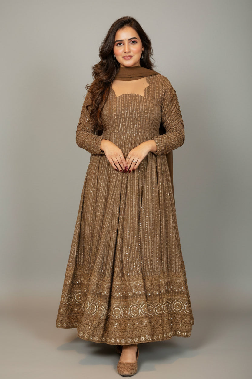 Georgette Sequin Embroidered Anarkali Suit - red georgette saree embroidered