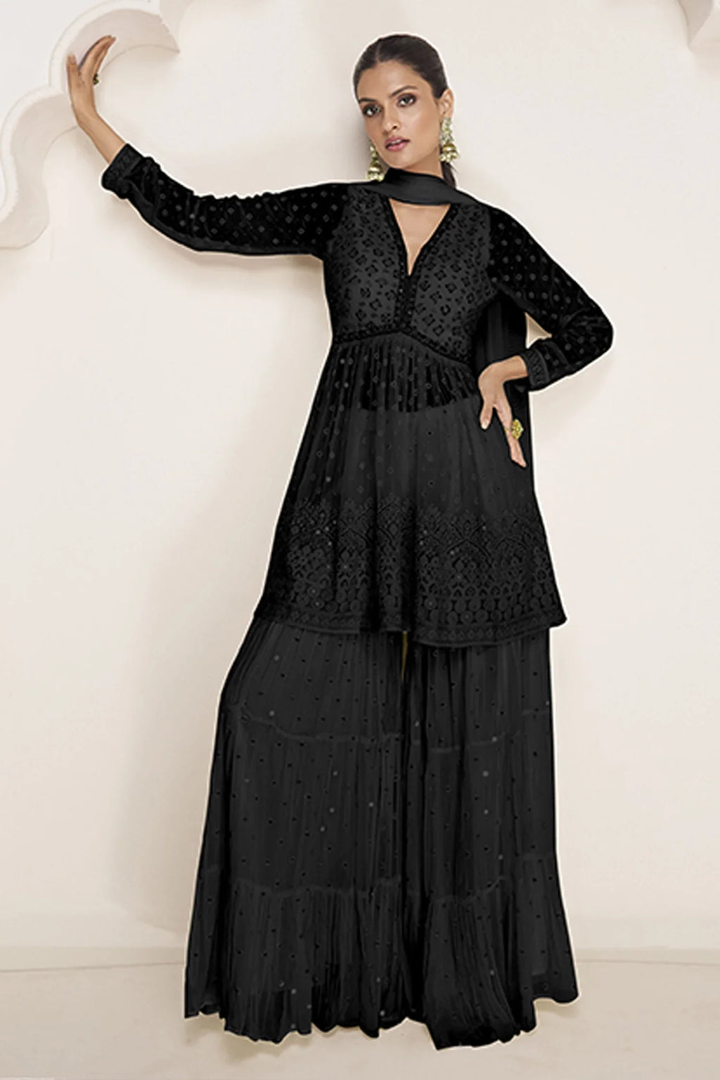Georgette Peplum Palazzo Suit with Handworked Bodice