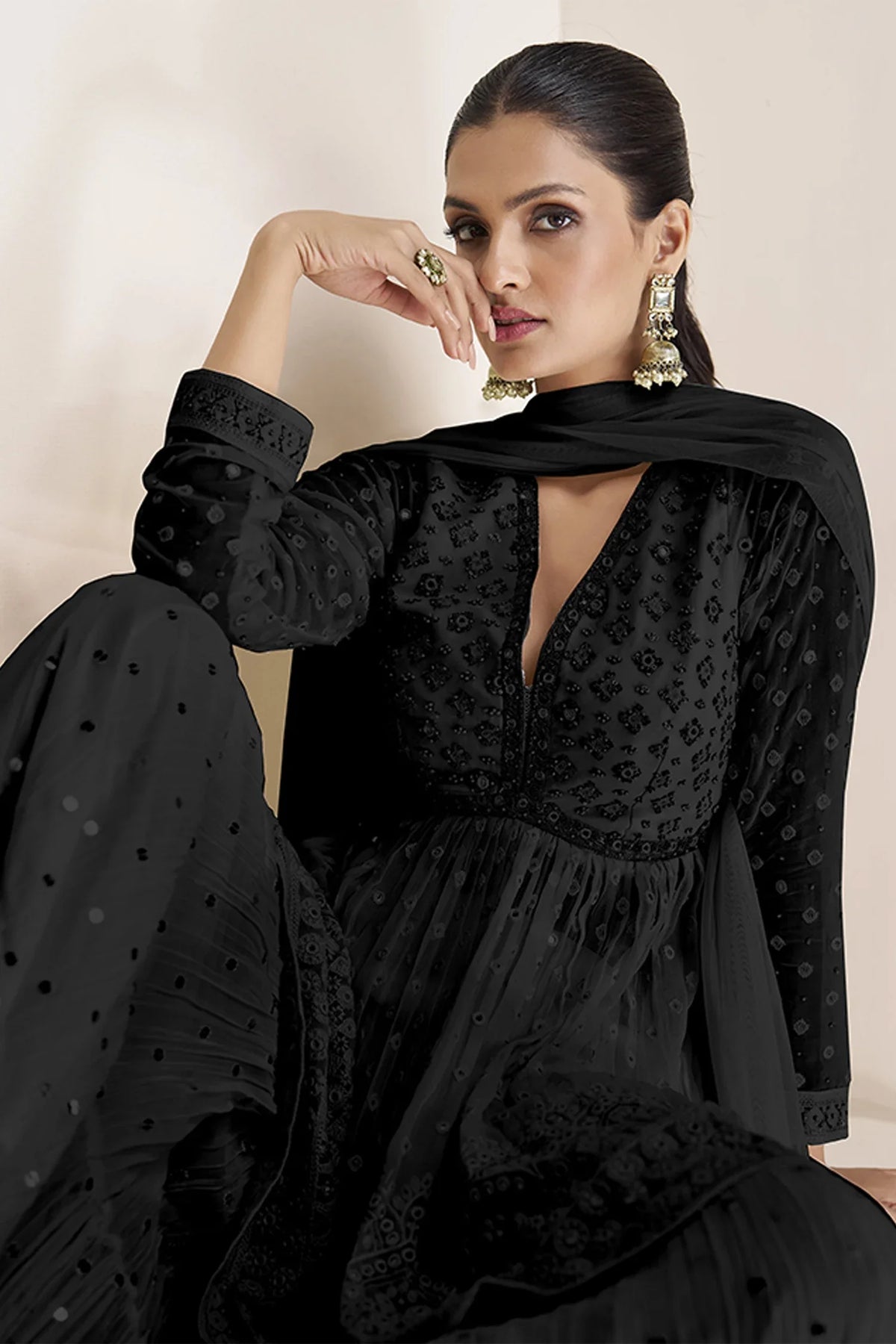 Georgette Peplum Palazzo Suit with Handworked Bodice