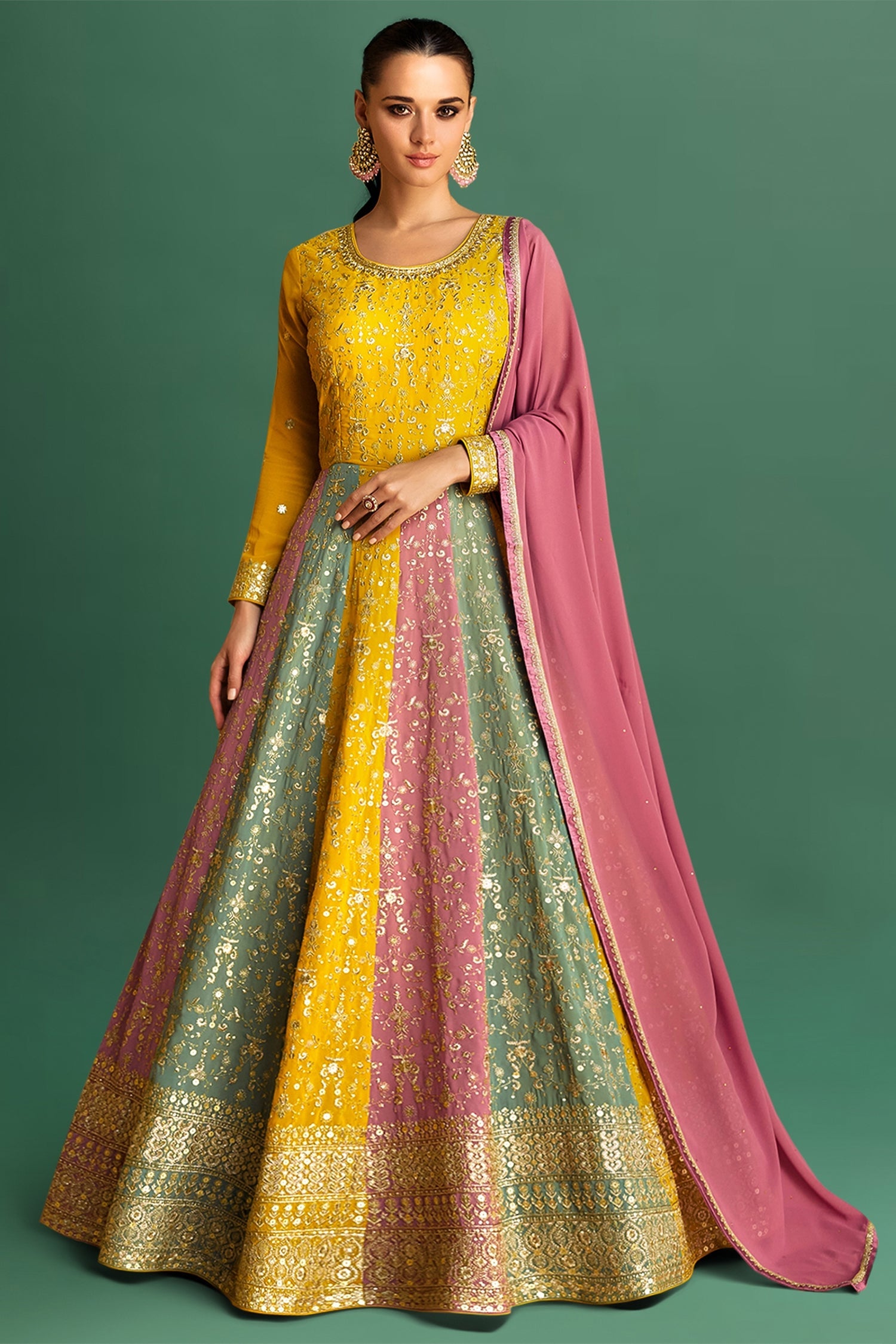 Yellow and Multi Colored Sequin Embroidered Anarkali Suit - red saree embroidered Main image