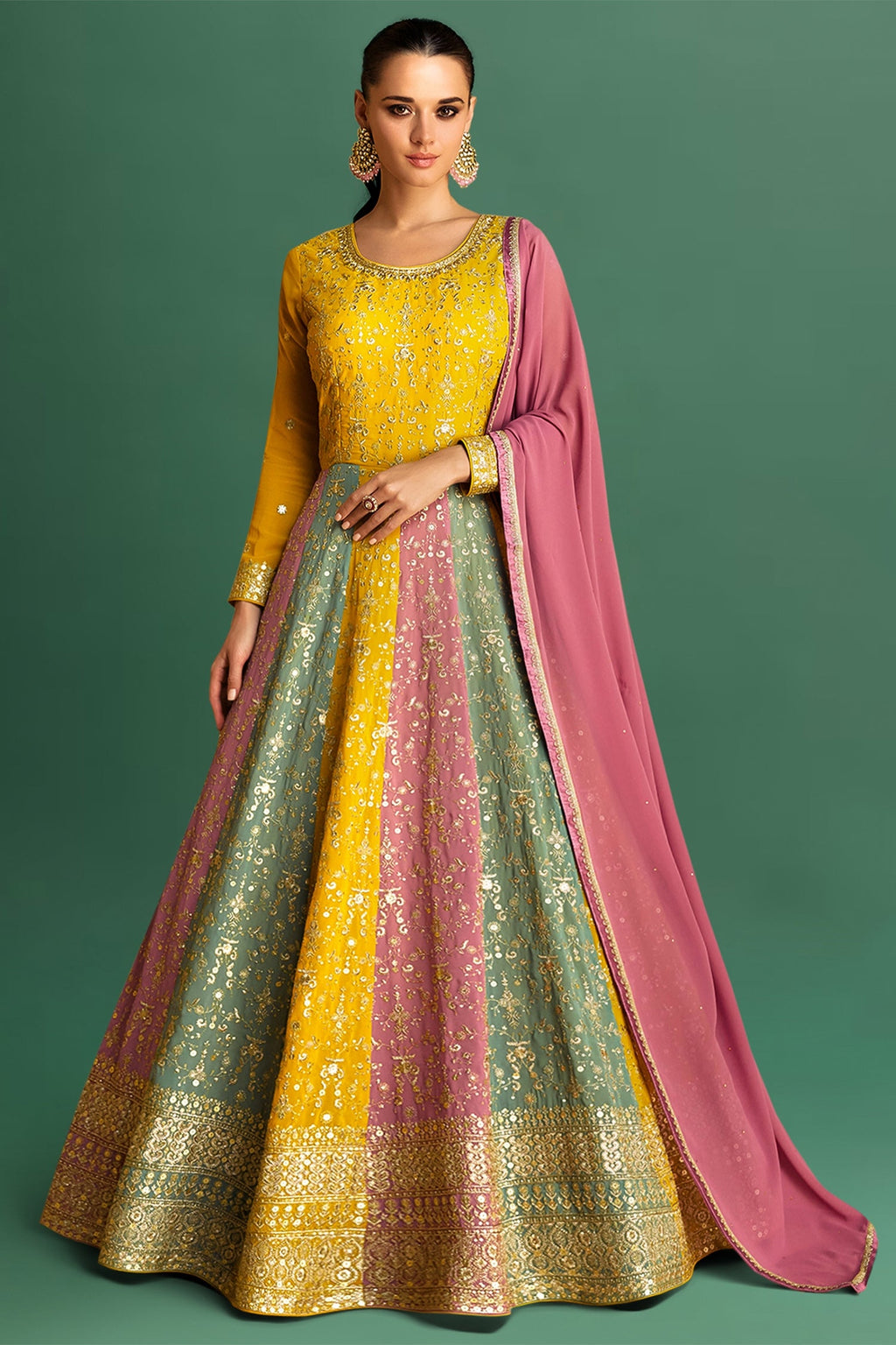 Yellow and Multi Colored Sequin Embroidered Anarkali Suit - red saree embroidered