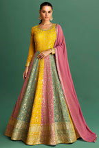 Yellow and Multi Colored Sequin Embroidered Anarkali Suit - red saree embroidered