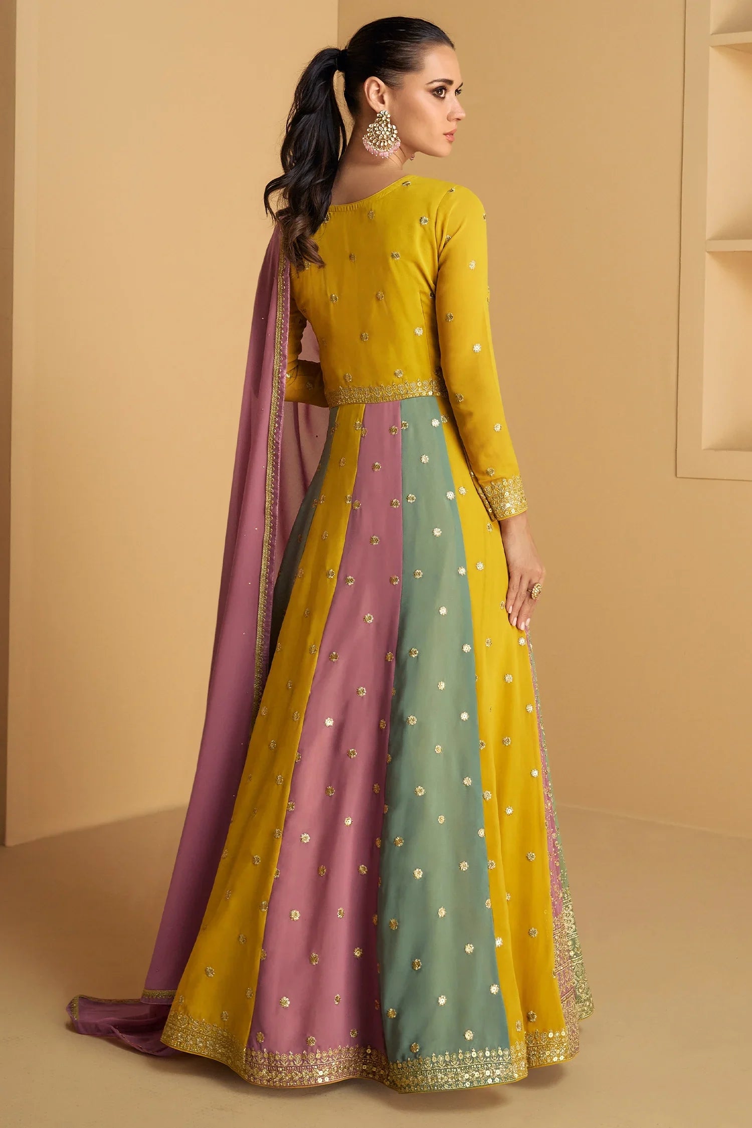 Yellow and Multi Colored Sequin Embroidered Anarkali Suit Secondary image