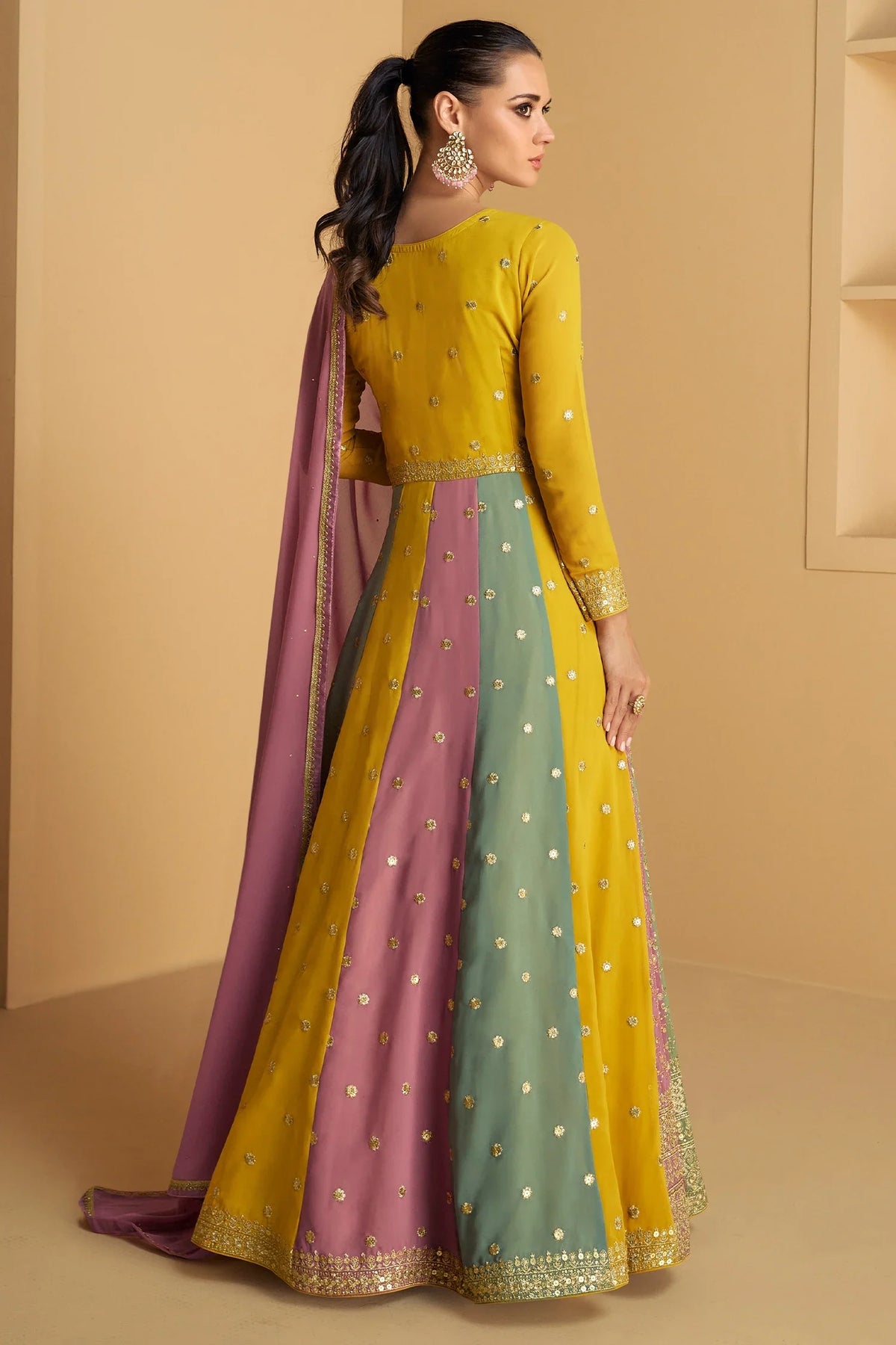 Yellow and Multi Colored Sequin Embroidered Anarkali Suit - red saree embroidered