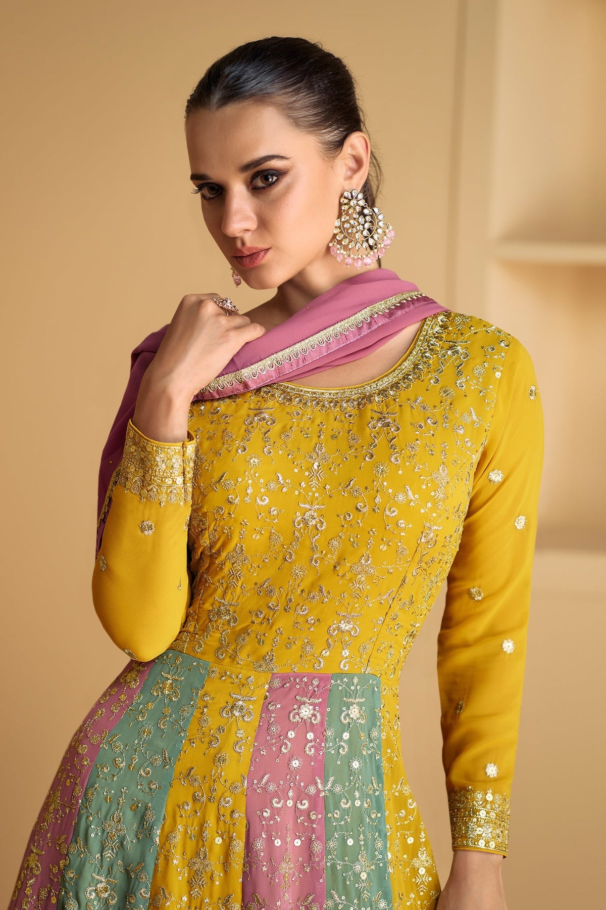 Yellow and Multi Colored Sequin Embroidered Anarkali Suit - red saree embroidered