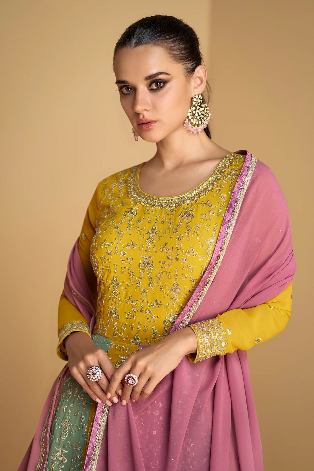 Yellow and Multi Colored Sequin Embroidered Anarkali Suit - red saree embroidered