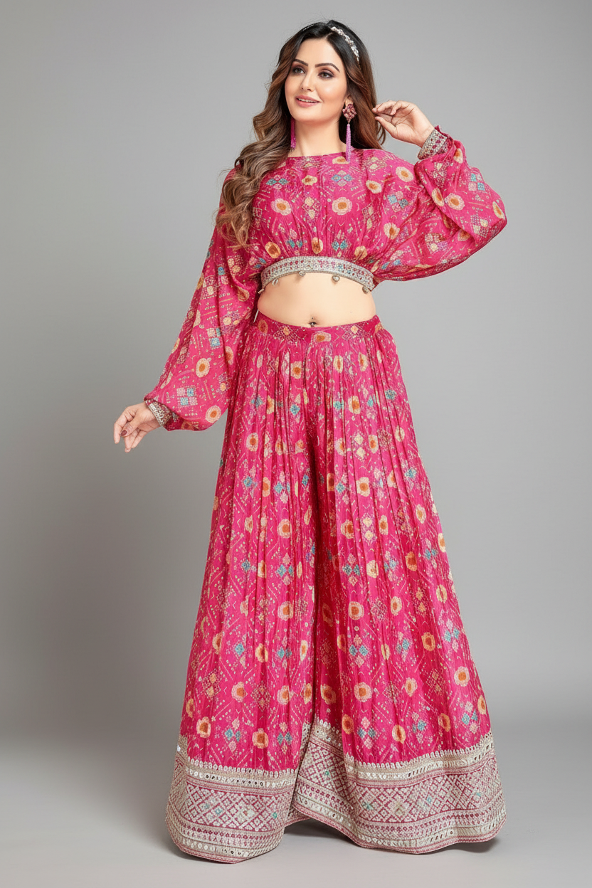 Pink Chinon Digital Printed Crop Top Palazzo Set Main image