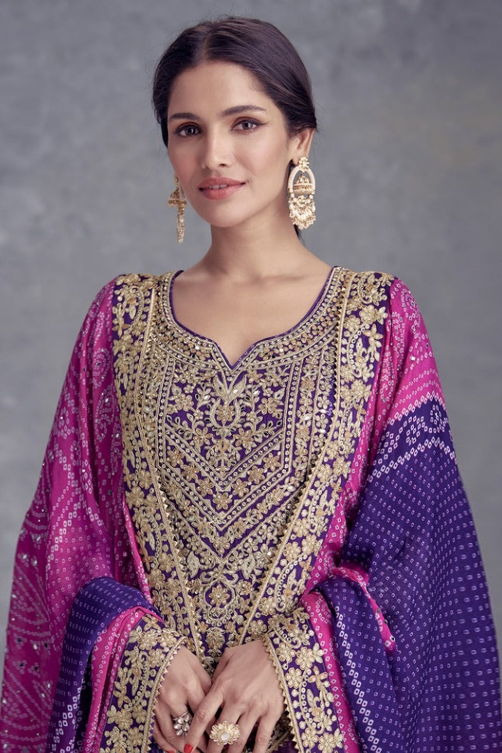 Chinon Bandhej Printed Palazzo Suit with Sequin Mirror Work - saree bandhej
