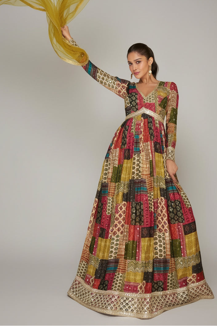 Multi Colored Georgette V Neckline Anarkali Suit with Sequin Mirror Work Bodice - red georgette saree