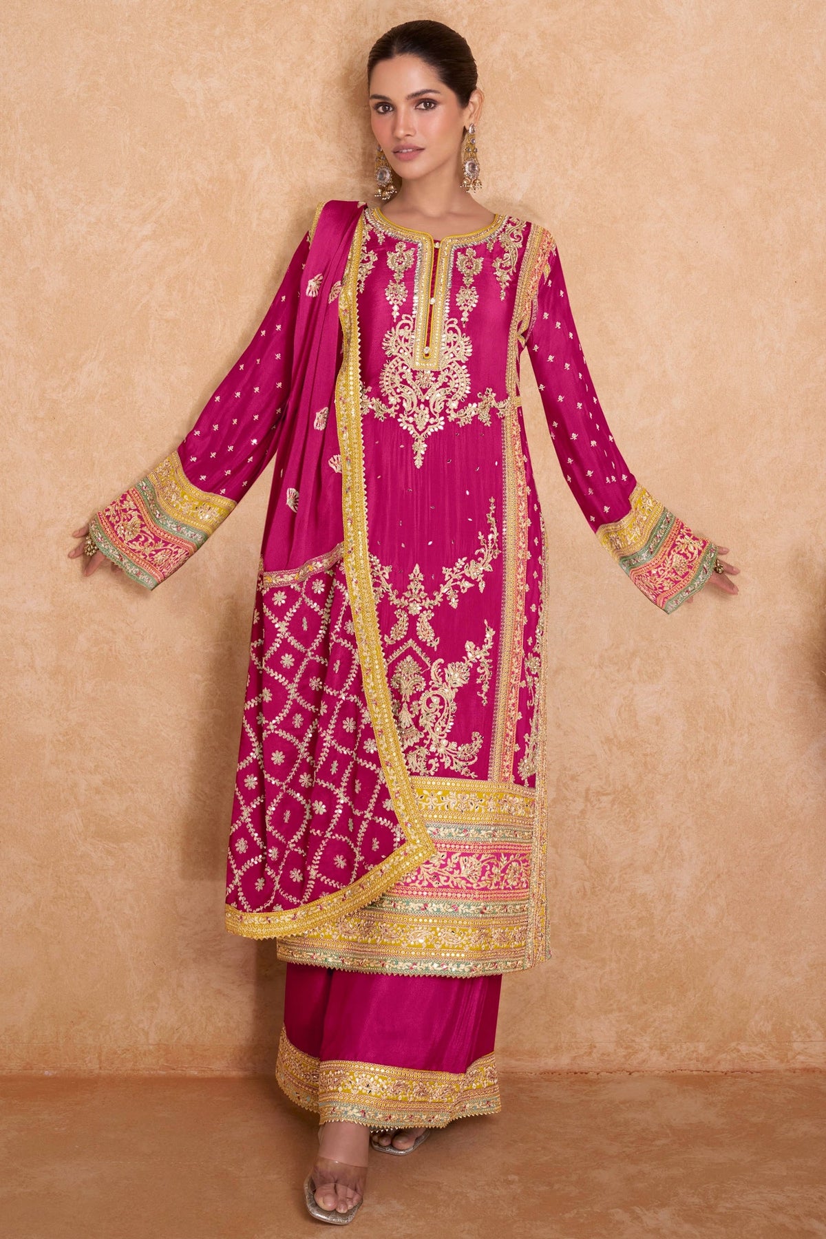 Pink Chinon Embroidered and Mirror Worked Palazzo Suit - red saree embroidered