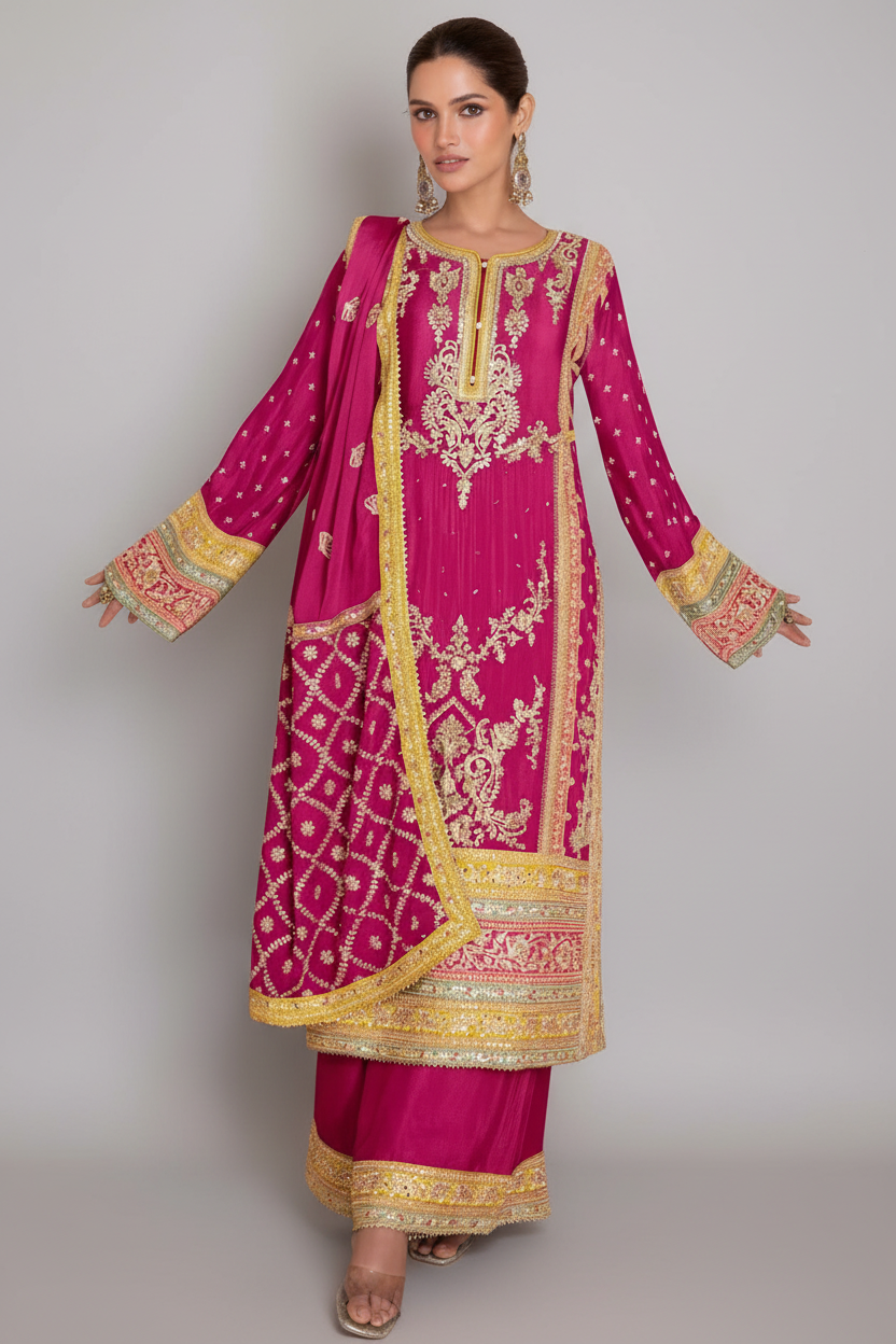 Pink Chinon Embroidered and Mirror Worked Palazzo Suit - red saree embroidered Main image