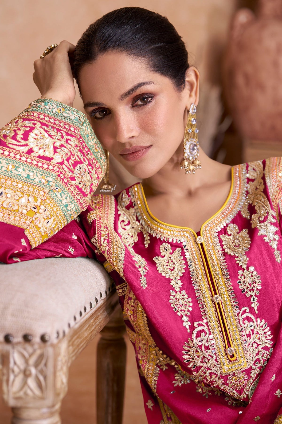 Pink Chinon Embroidered and Mirror Worked Palazzo Suit - red saree embroidered