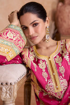 Pink Chinon Embroidered and Mirror Worked Palazzo Suit - red saree embroidered
