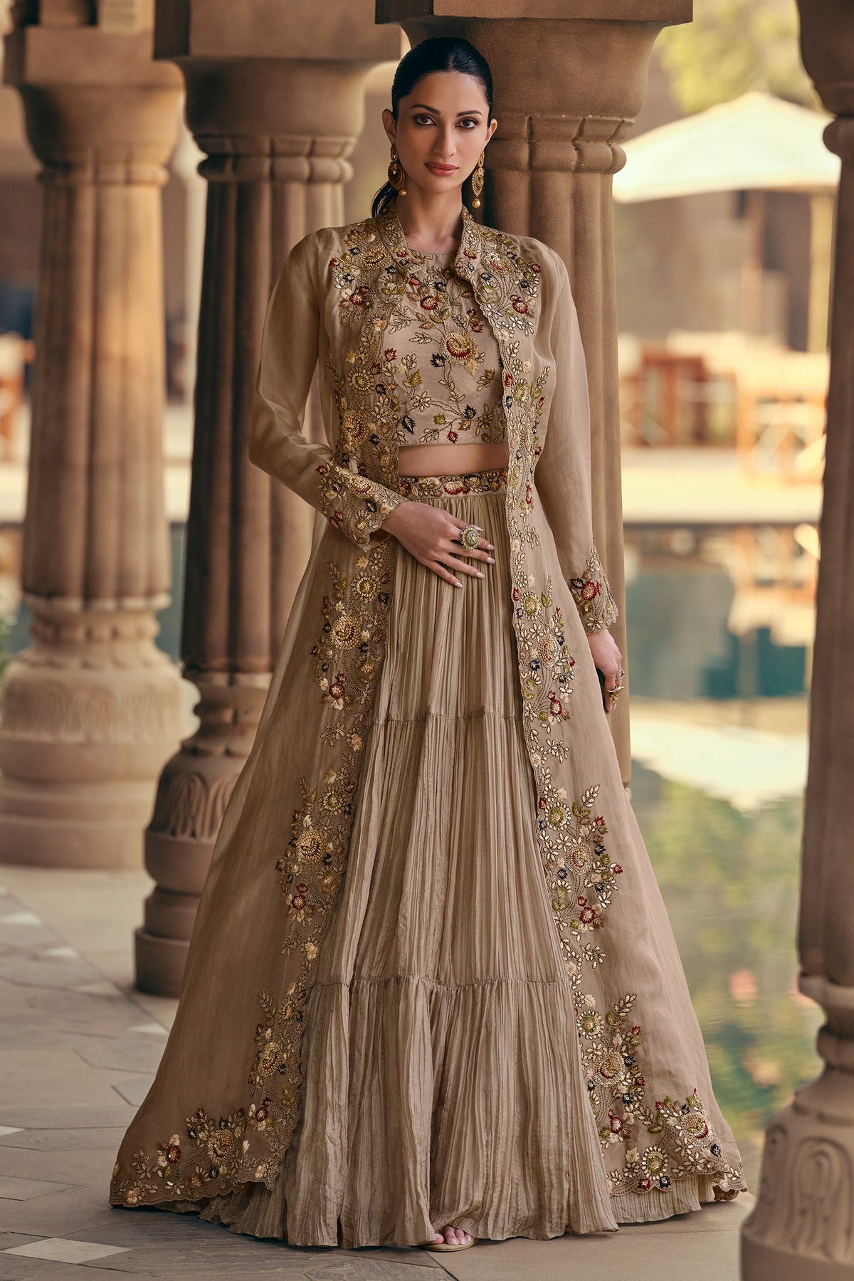 Georgette Crop Top and Flared Lehenga with Long Shrug