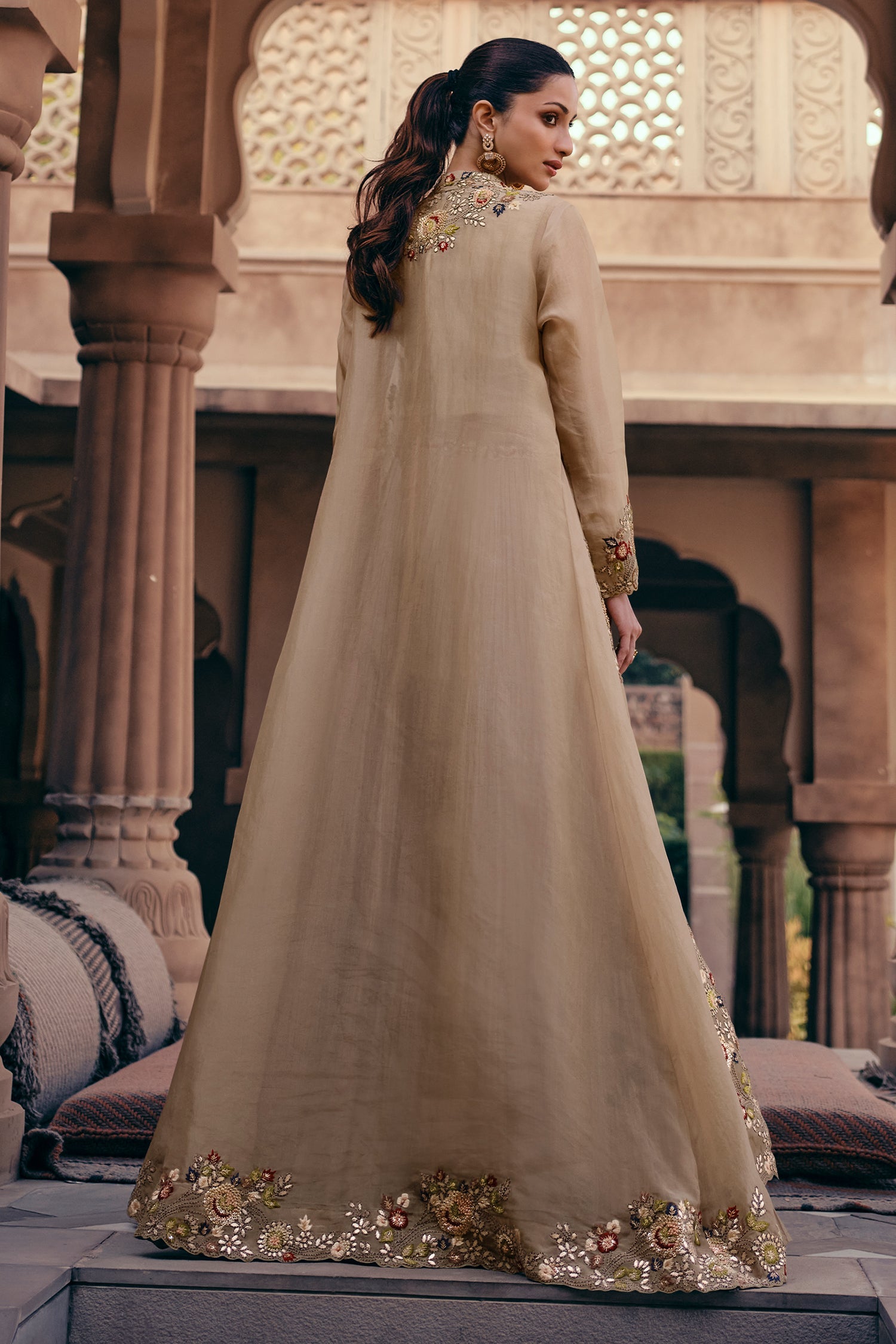 Georgette Crop Top and Flared Lehenga with Long Shrug