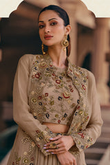 Georgette Crop Top and Flared Lehenga with Long Shrug