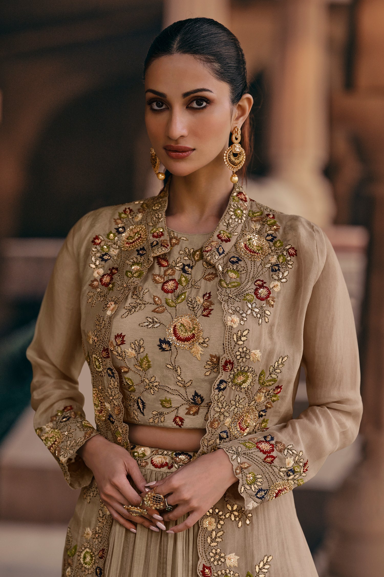 Georgette Crop Top and Flared Lehenga with Long Shrug