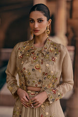 Georgette Crop Top and Flared Lehenga with Long Shrug