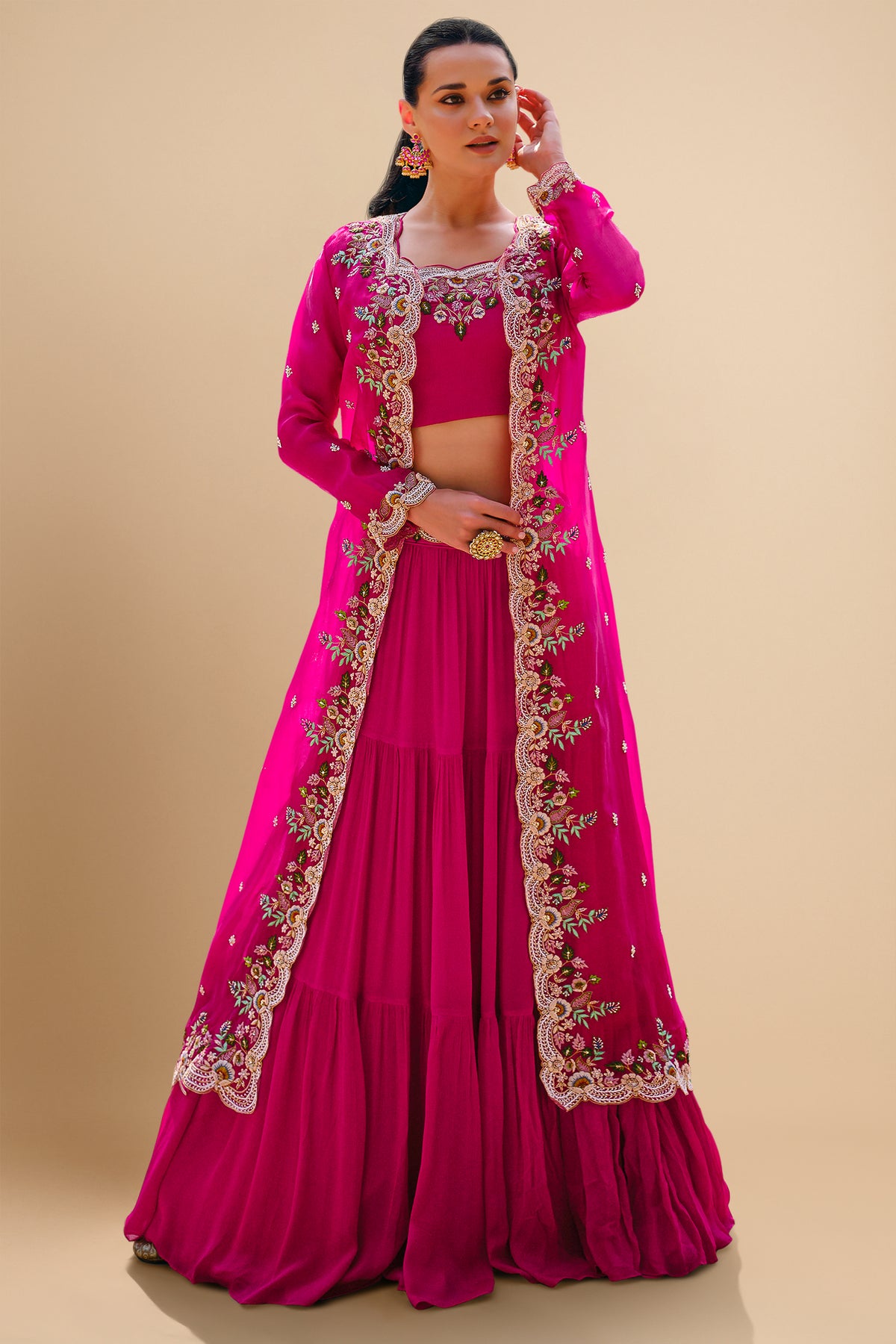 Georgette Crop Top and Flared Lehenga with Long Shrug