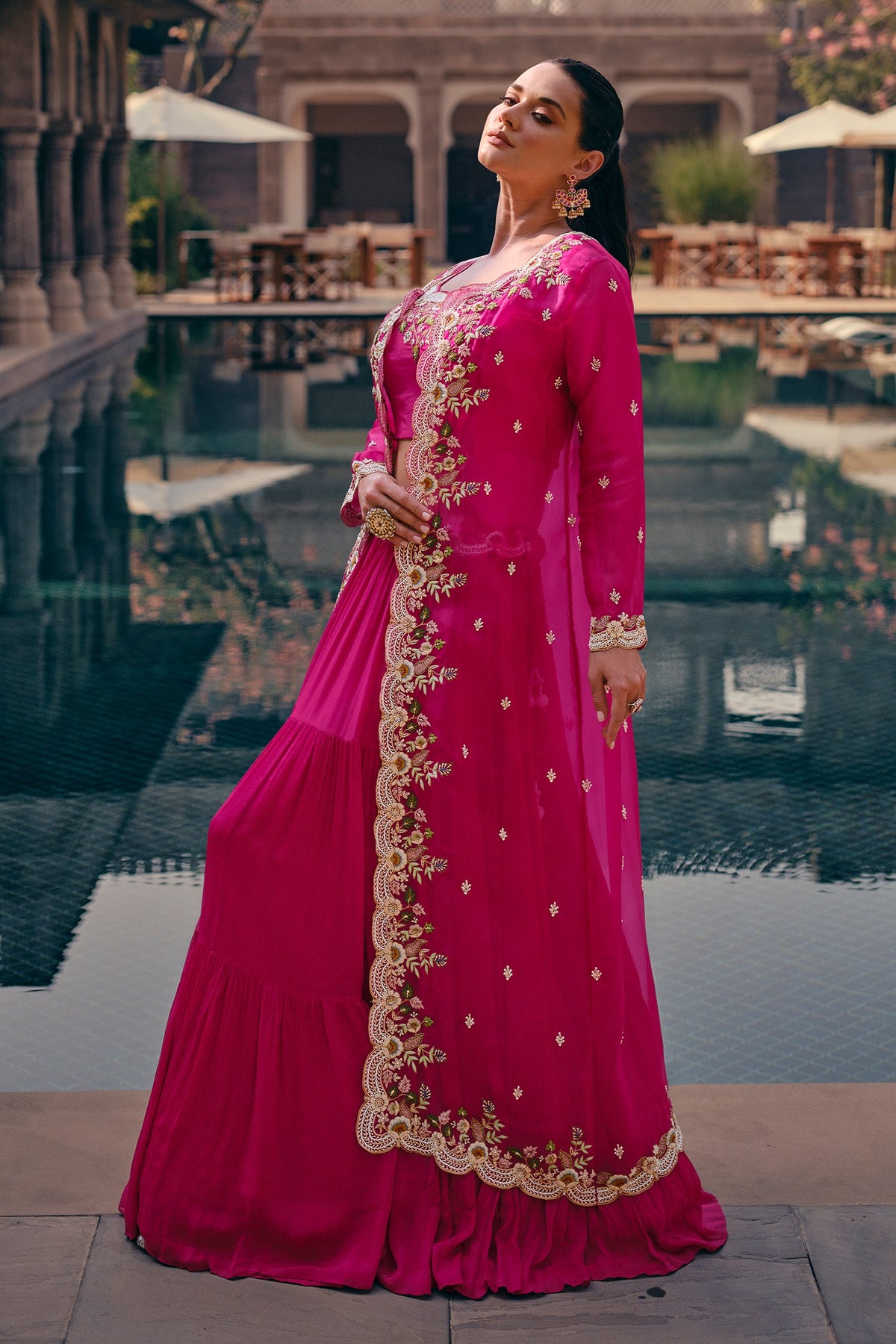 Georgette Crop Top and Flared Lehenga with Long Shrug - red georgette saree