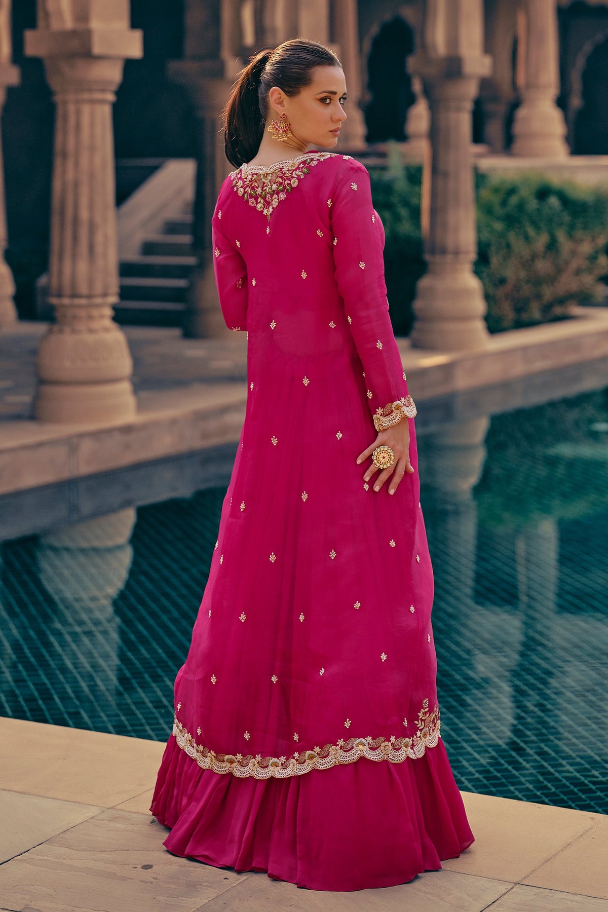 Georgette Crop Top and Flared Lehenga with Long Shrug - red georgette saree