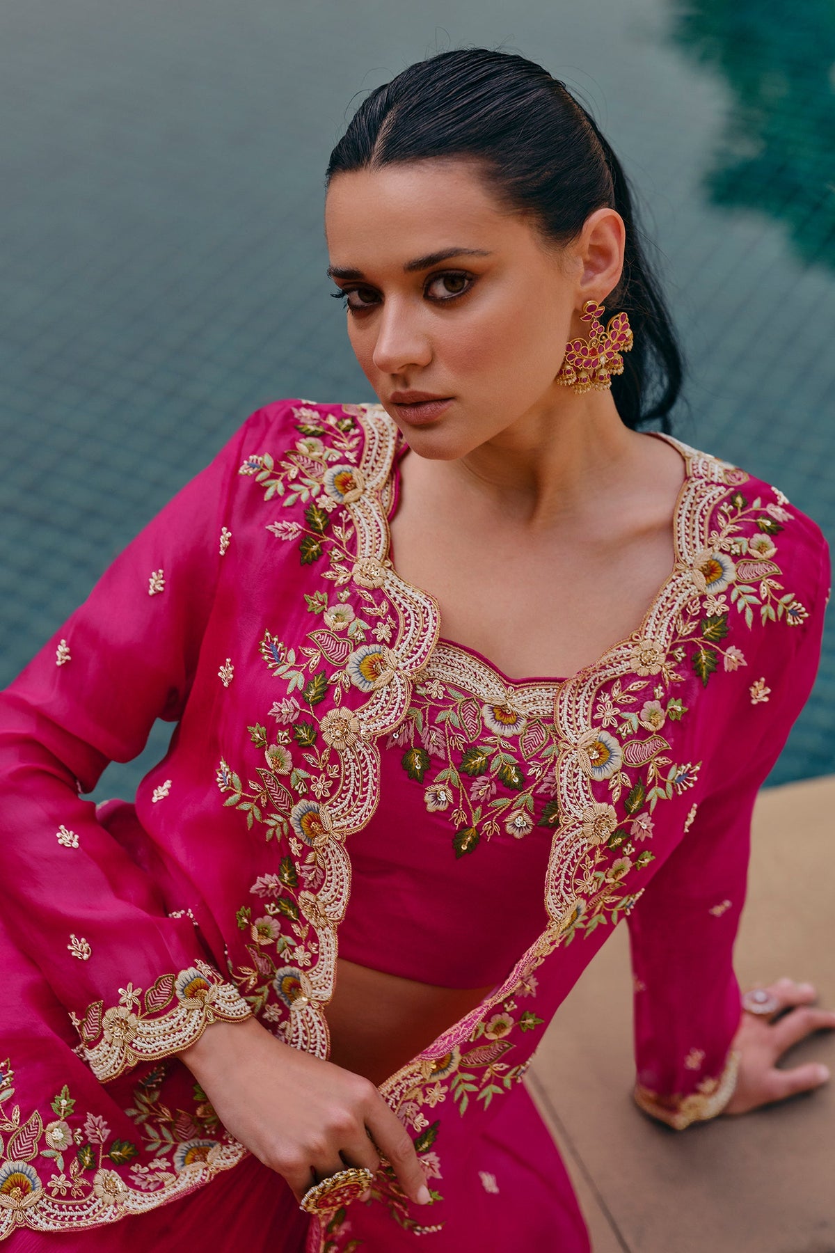 Georgette Crop Top and Flared Lehenga with Long Shrug - red georgette saree