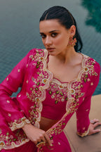 Georgette Crop Top and Flared Lehenga with Long Shrug - red georgette saree