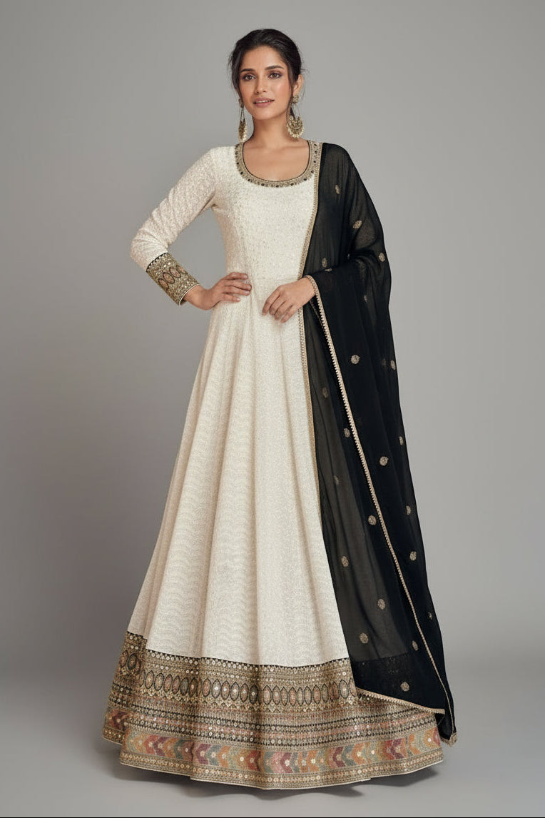 Georgette Thread Embroidered Anarkali Suit - red georgette saree embroidered