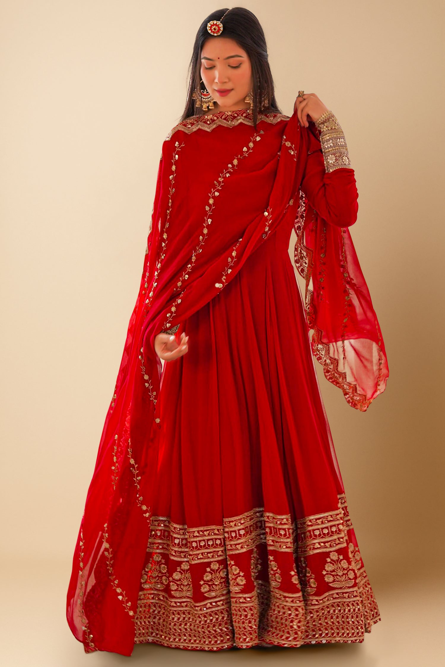 Red Georgette Sequin Embroidered Anarkali Suit - red georgette saree embroidered