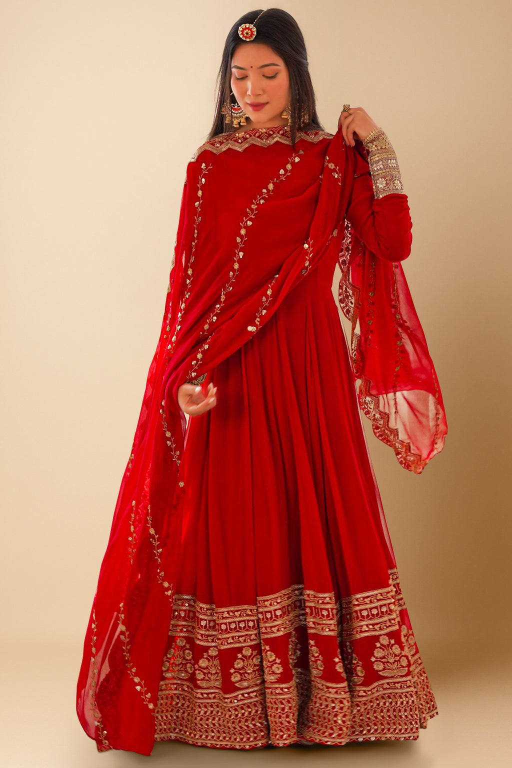 Red Georgette Sequin Embroidered Anarkali Suit - red georgette saree embroidered