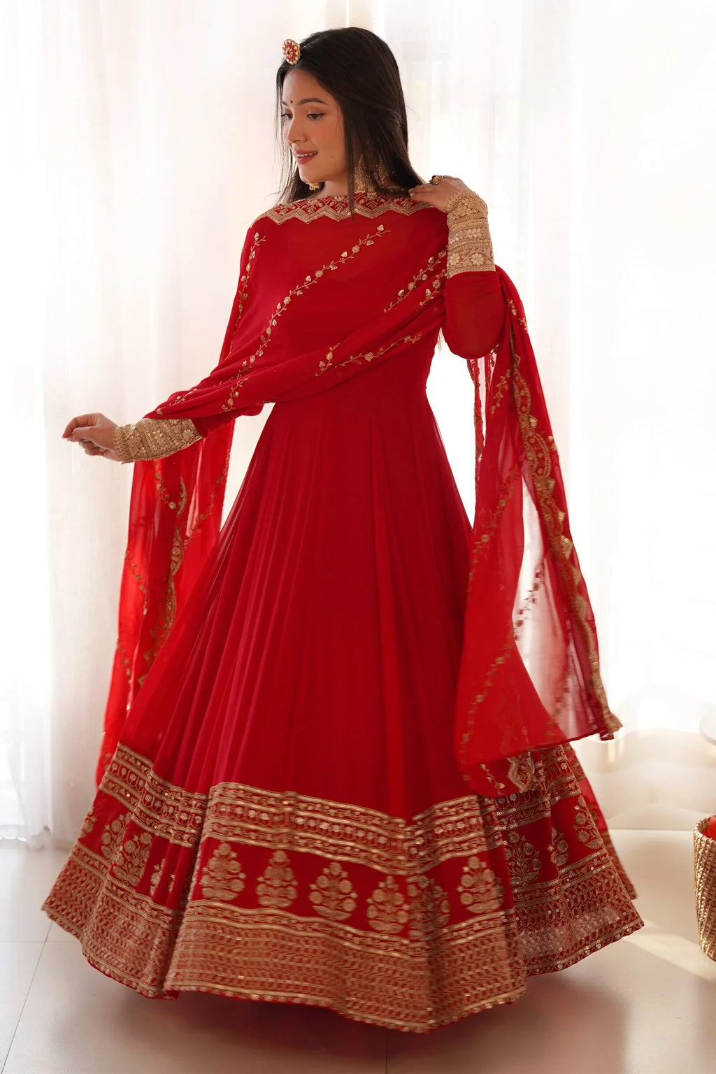 Red Georgette Sequin Embroidered Anarkali Suit - red georgette saree embroidered