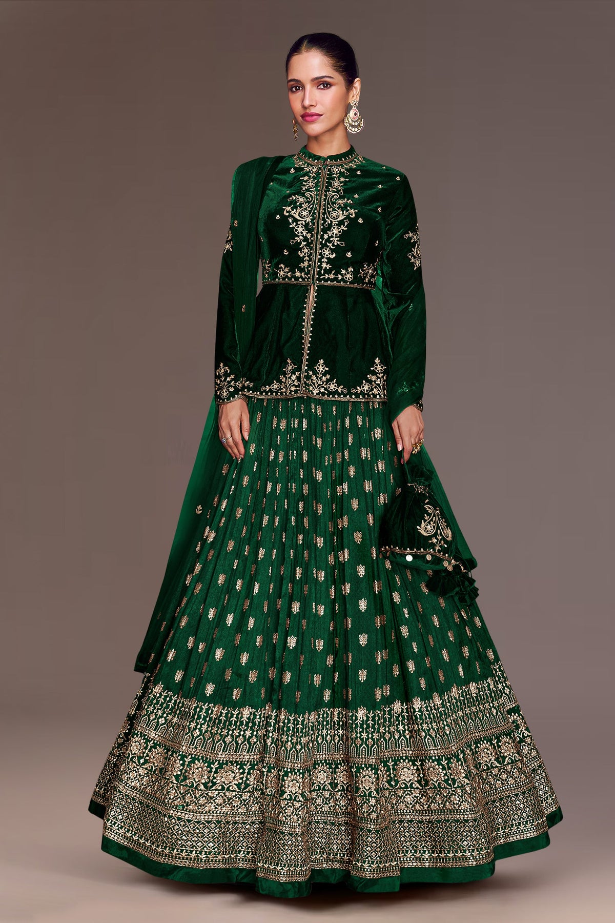 Green Velvet Sequin Embroidered Slit Cut Lehenga Suit