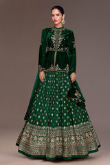Green Velvet Sequin Embroidered Slit Cut Lehenga Suit
