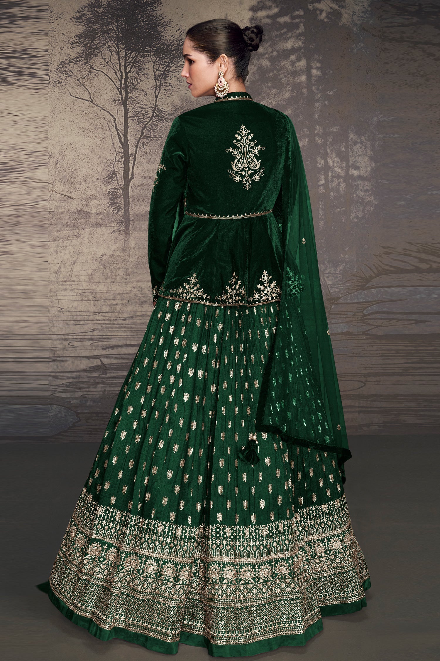 Green Velvet Sequin Embroidered Slit Cut Lehenga Suit