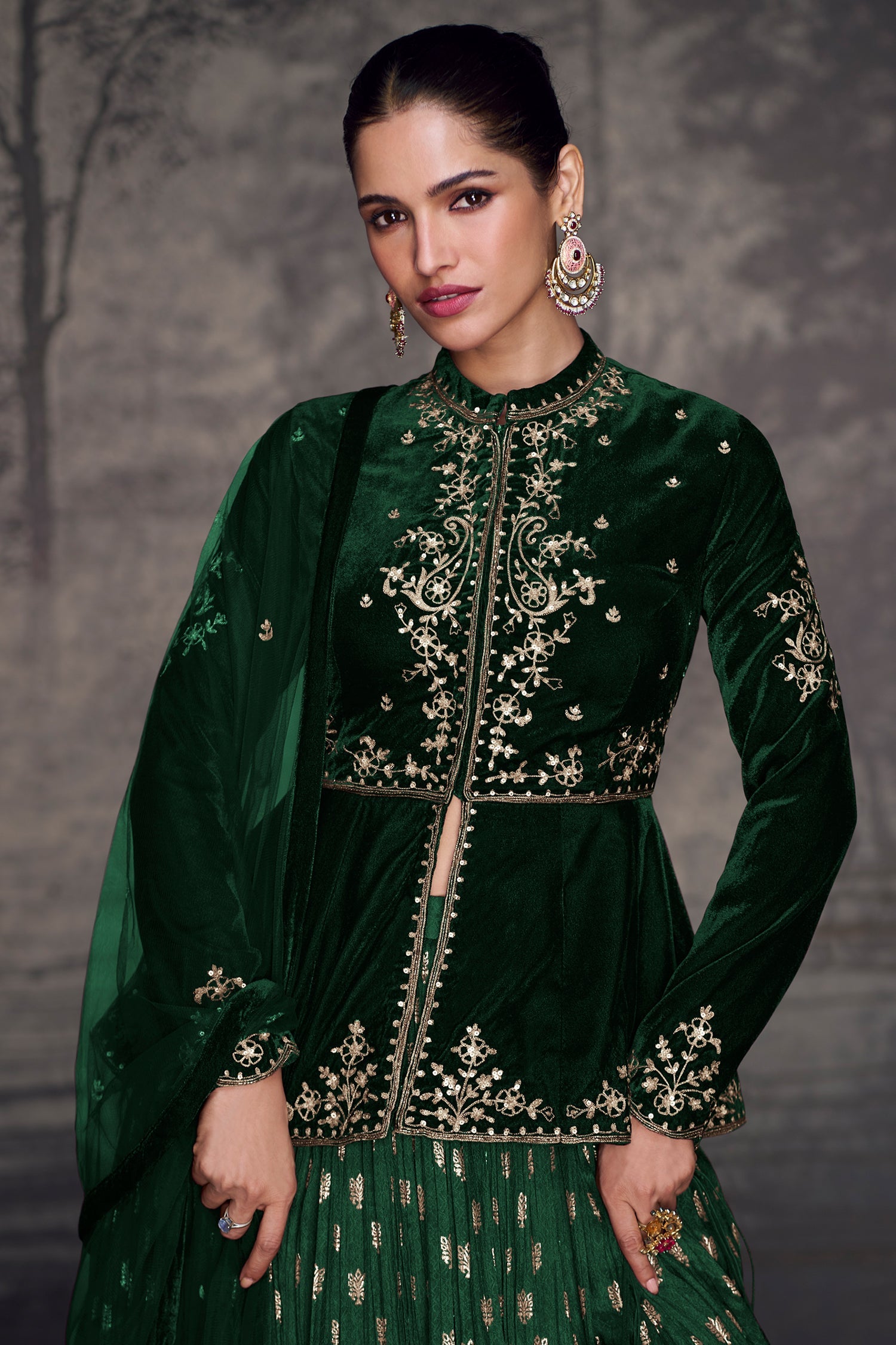 Green Velvet Sequin Embroidered Slit Cut Lehenga Suit