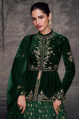 Green Velvet Sequin Embroidered Slit Cut Lehenga Suit