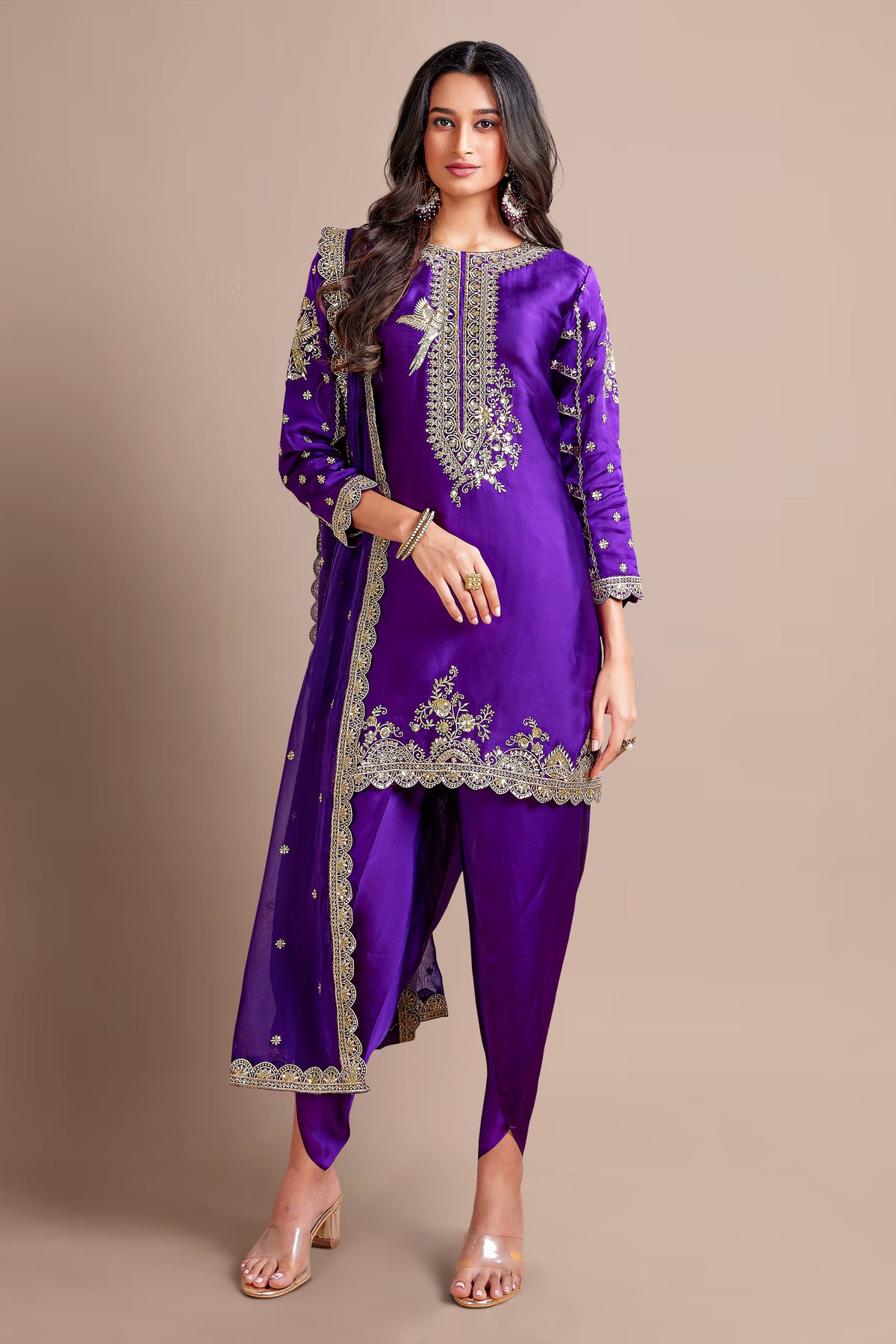 Violet Purple Organza Satin Embroidered Dhoti Suit - red satin saree embroidered