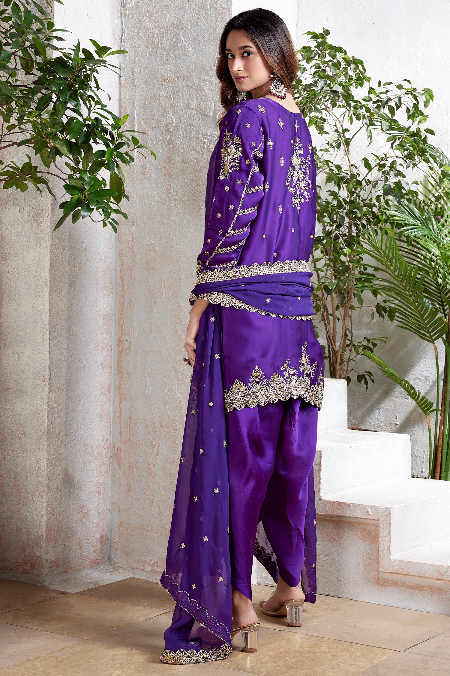 Violet Purple Organza Satin Embroidered Dhoti Suit